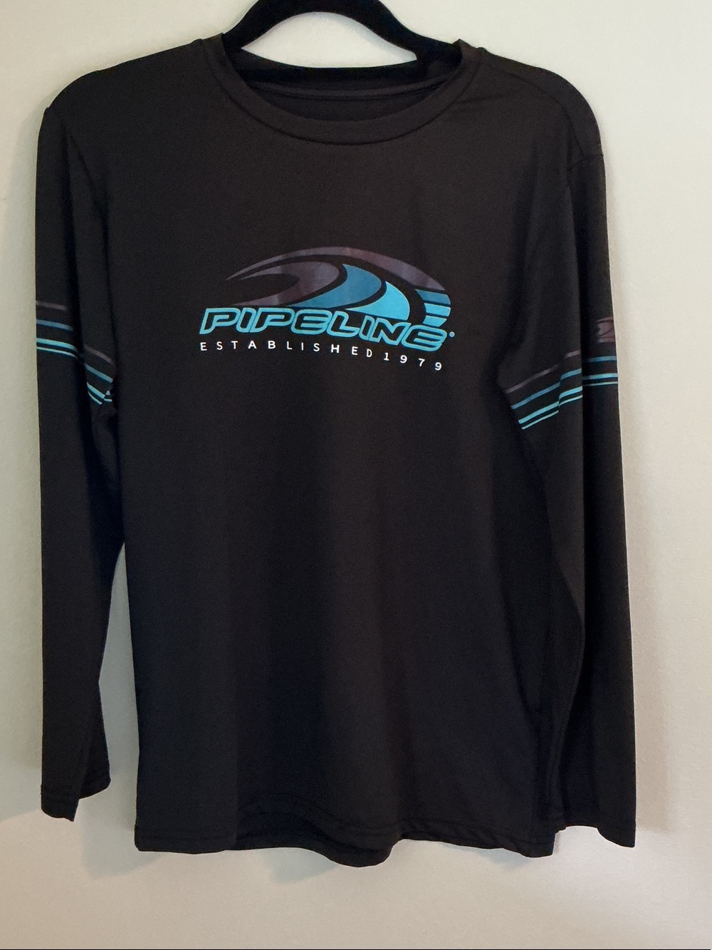 Pipeline Men’s Long Sleeve Logo Tee - Black Teal Accents Brand Created in Oahu